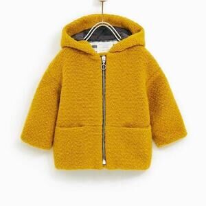 Zara Mustard Textured Hooded Wool Blend Coat Size 2/3y